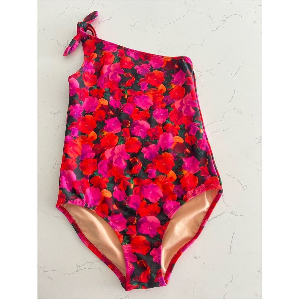 Crewcuts Girl one shoulder Swimsuit pansy floral Size 6-7 NWT